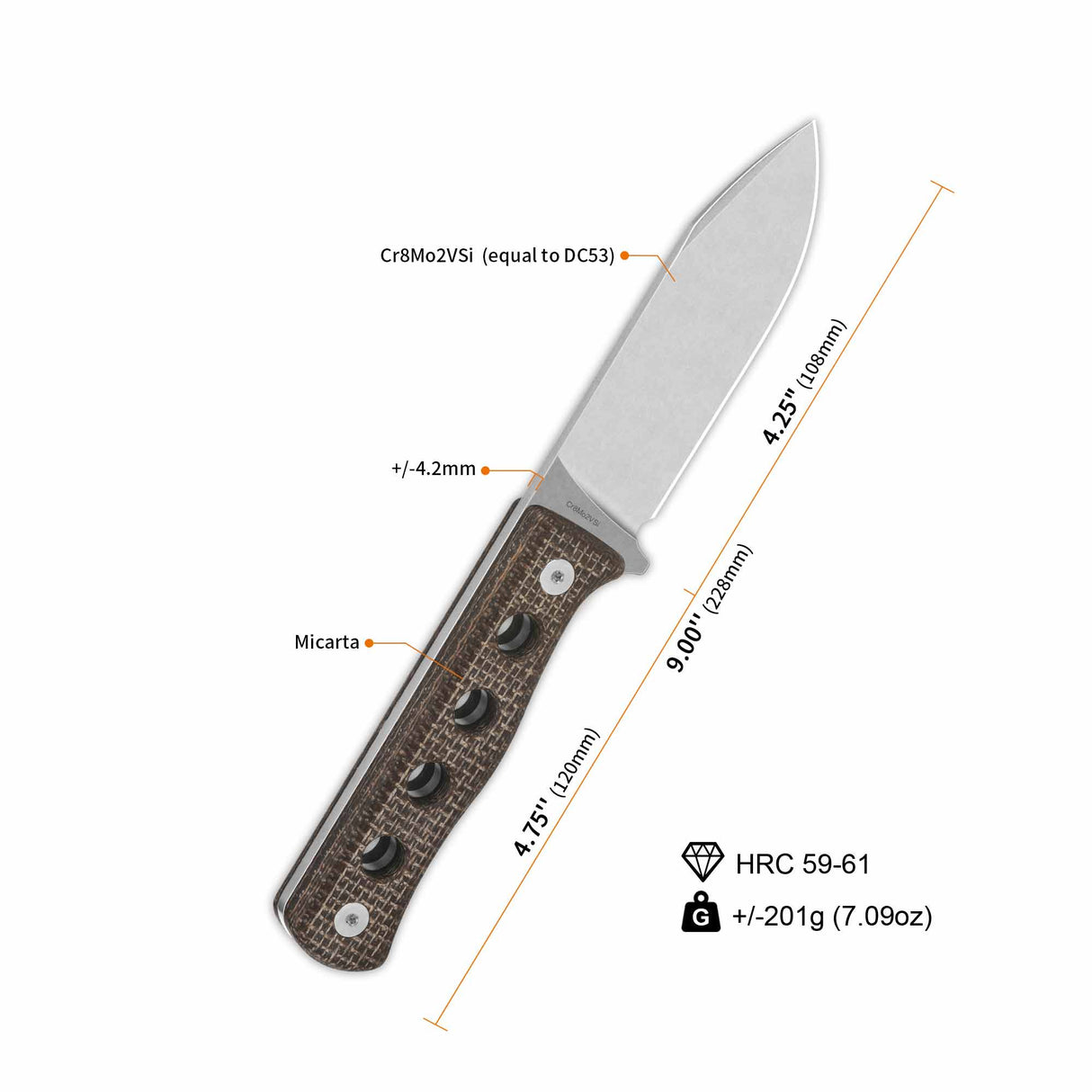 QSP Canary fixed blade knife specifications with dark micarta handle details