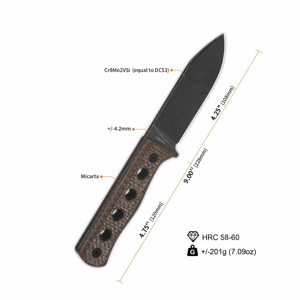 QSP Canary fixed blade knife specs with dark micarta handle and drop point blade.
