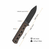 QSP Canary fixed blade knife specs with dark micarta handle and drop point blade.