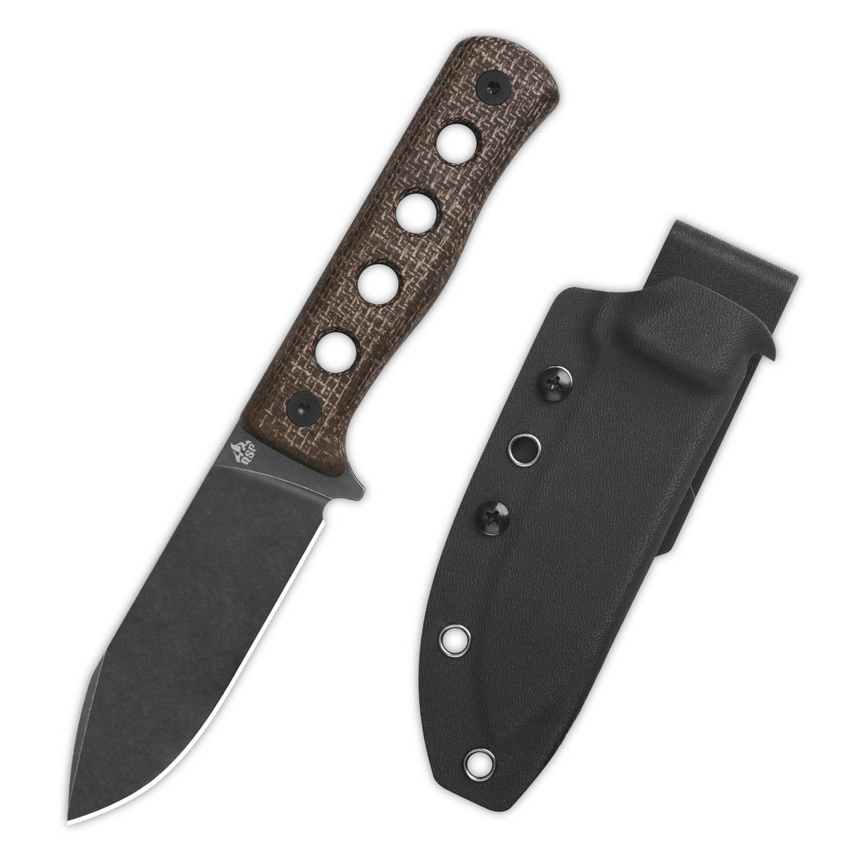 QSP Canary knife with micarta handle and protective sheath for versatile carrying.