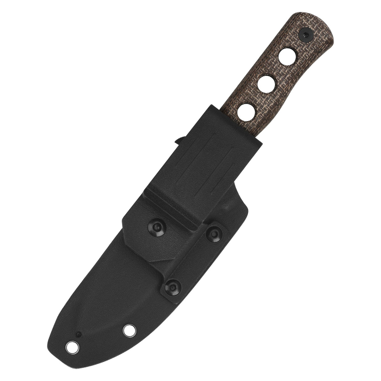 QSP Canary fixed blade knife in black sheath with dark brown micarta handle
