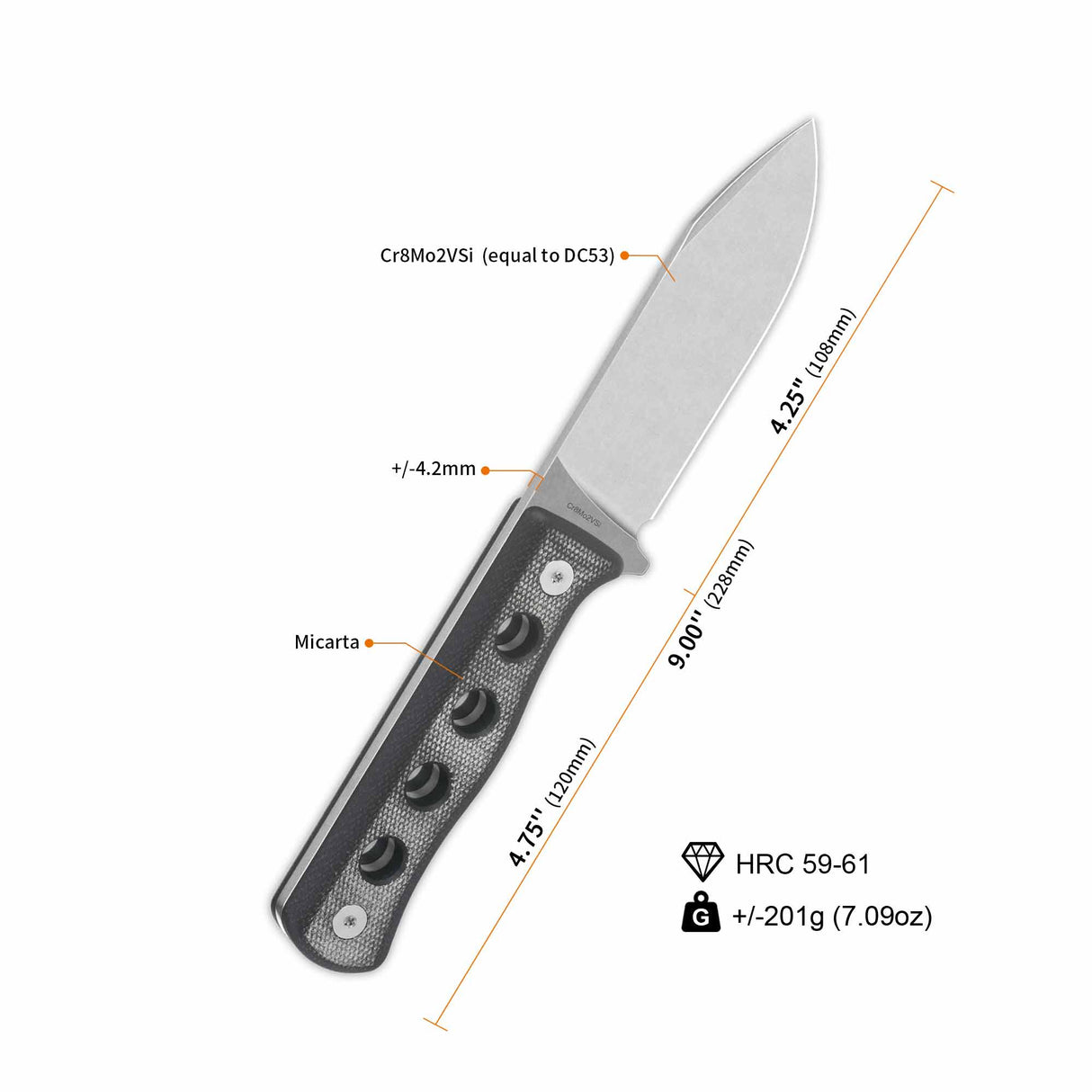 QSP Canary fixed blade knife specifications and details on a white background