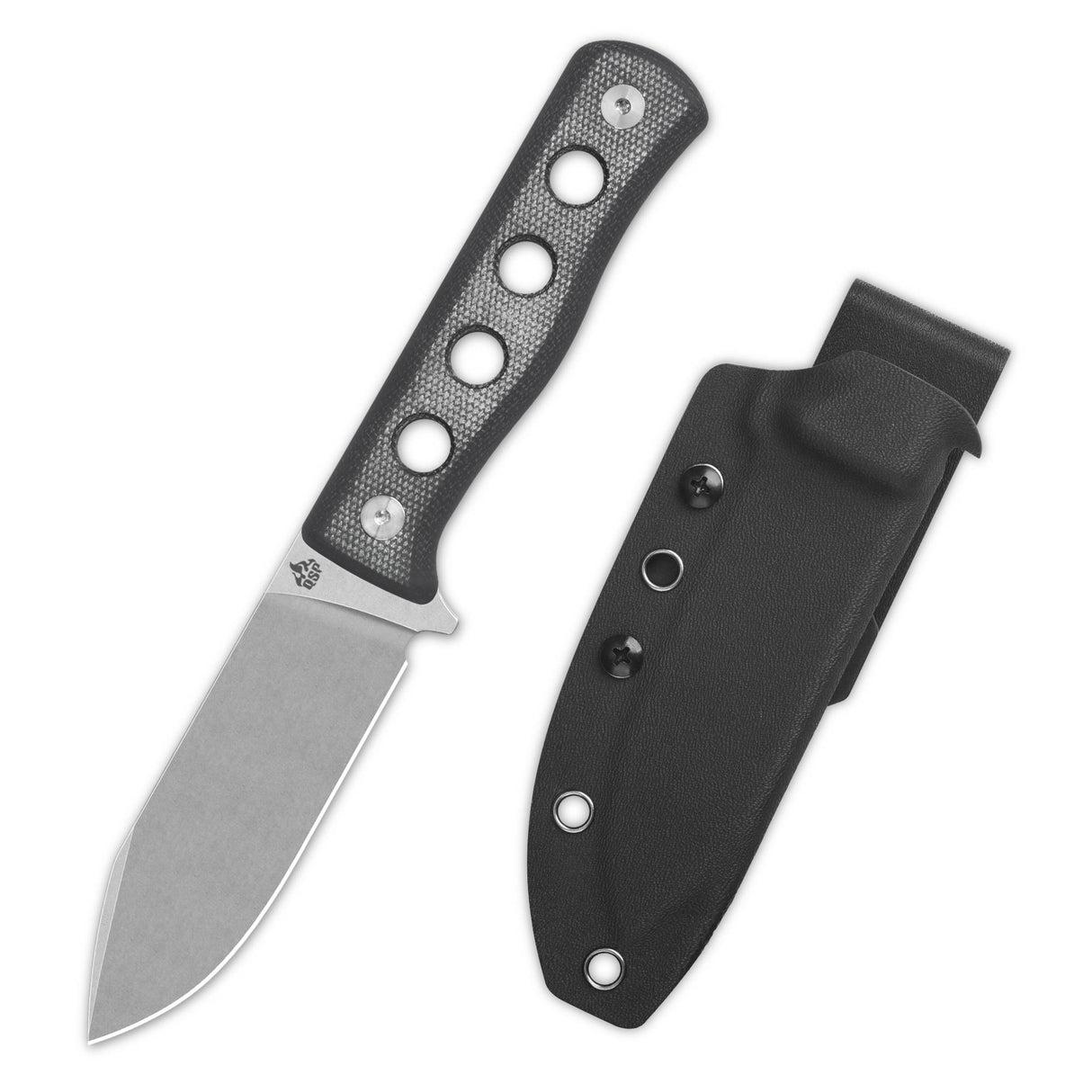 QSP Canary fixed blade knife with black micarta handle and drop point blade, includes sheath
