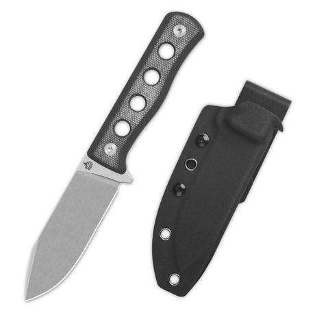 QSP Canary fixed blade knife with black micarta handle and drop point blade, includes sheath