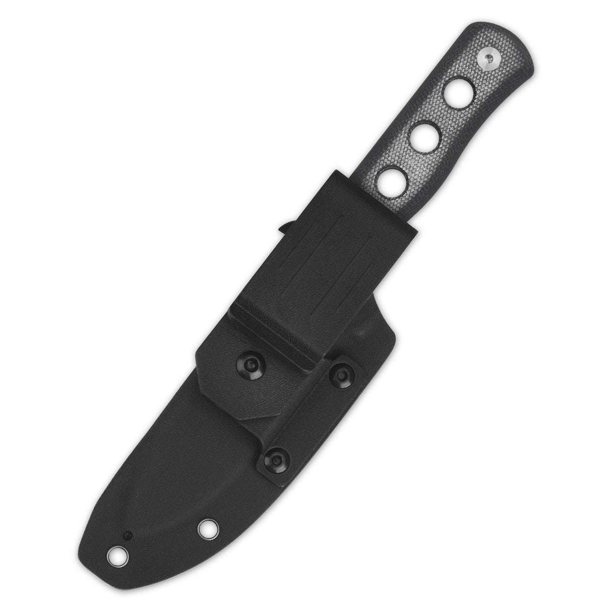 Black micarta handle of QSP Canary knife with rotatable sheath for versatile carry.