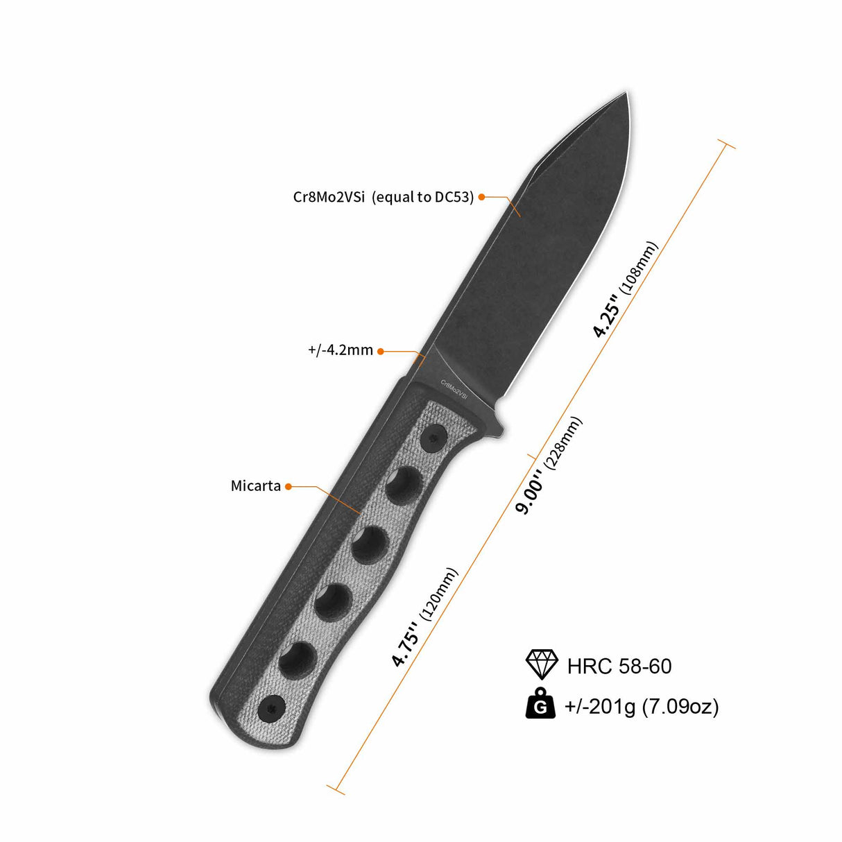 QSP Canary fixed blade knife with Cr8Mo2VSi blade and black micarta handle.