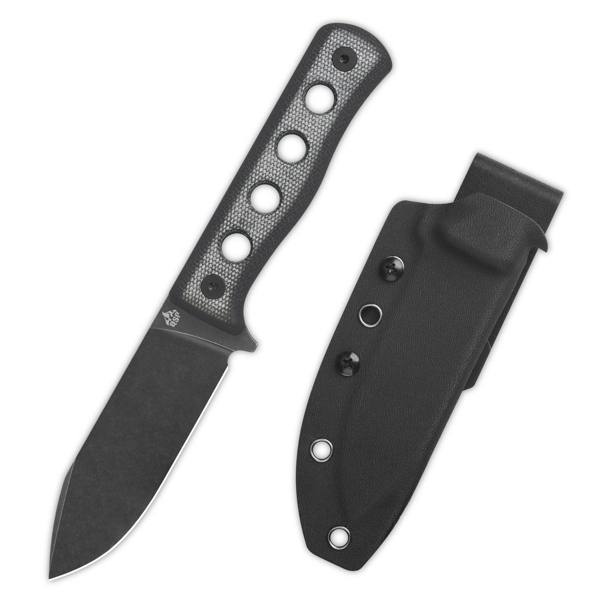 QSP Canary fixed blade knife with black micarta handle and black sheath