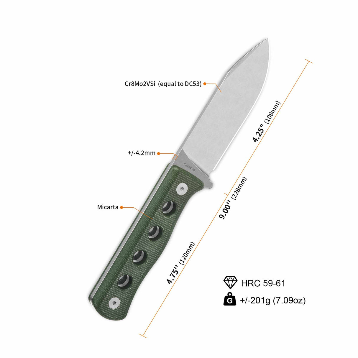 QSP Canary fixed blade knife, green micarta handle, Cr8Mo2VSi drop point blade, 4.25".