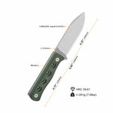 QSP Canary fixed blade knife, green micarta handle, Cr8Mo2VSi drop point blade, 4.25".