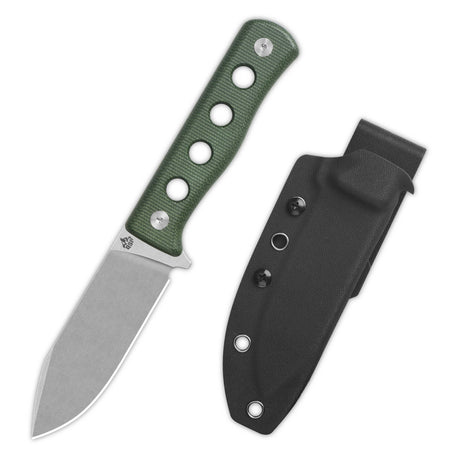 QSP Canary knife with green micarta handle and sheath, drop point blade design