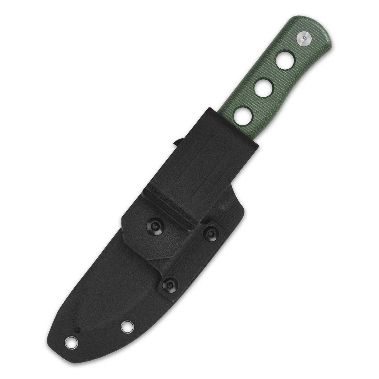 QSP Canary fixed blade knife in black sheath with green micarta handle.
