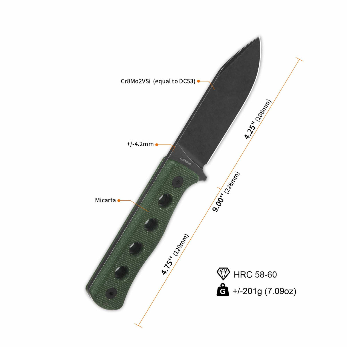 QSP Canary fixed blade knife with green micarta handle and drop point blade specs.