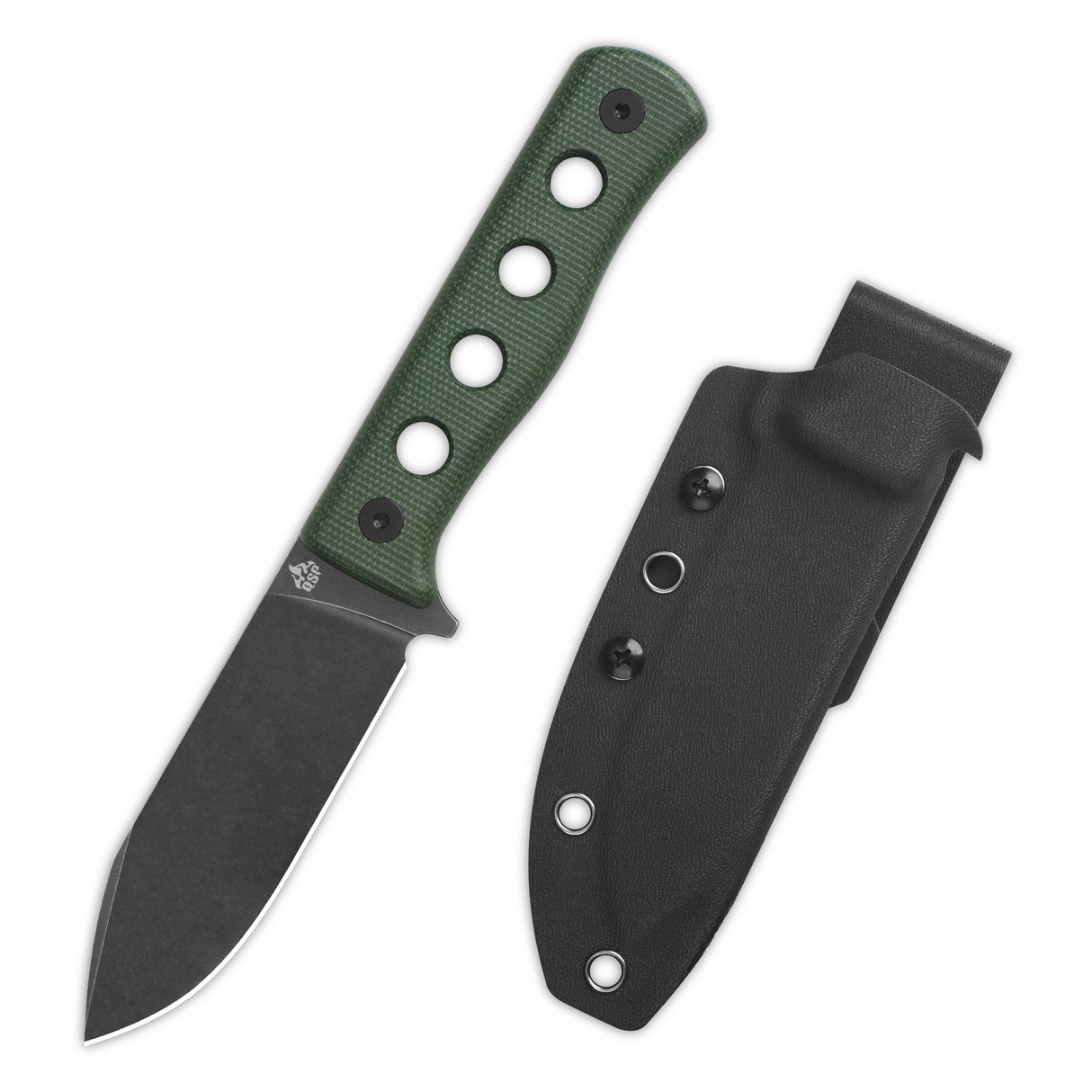 QSP Canary fixed blade knife with green micarta handle and black sheath.
