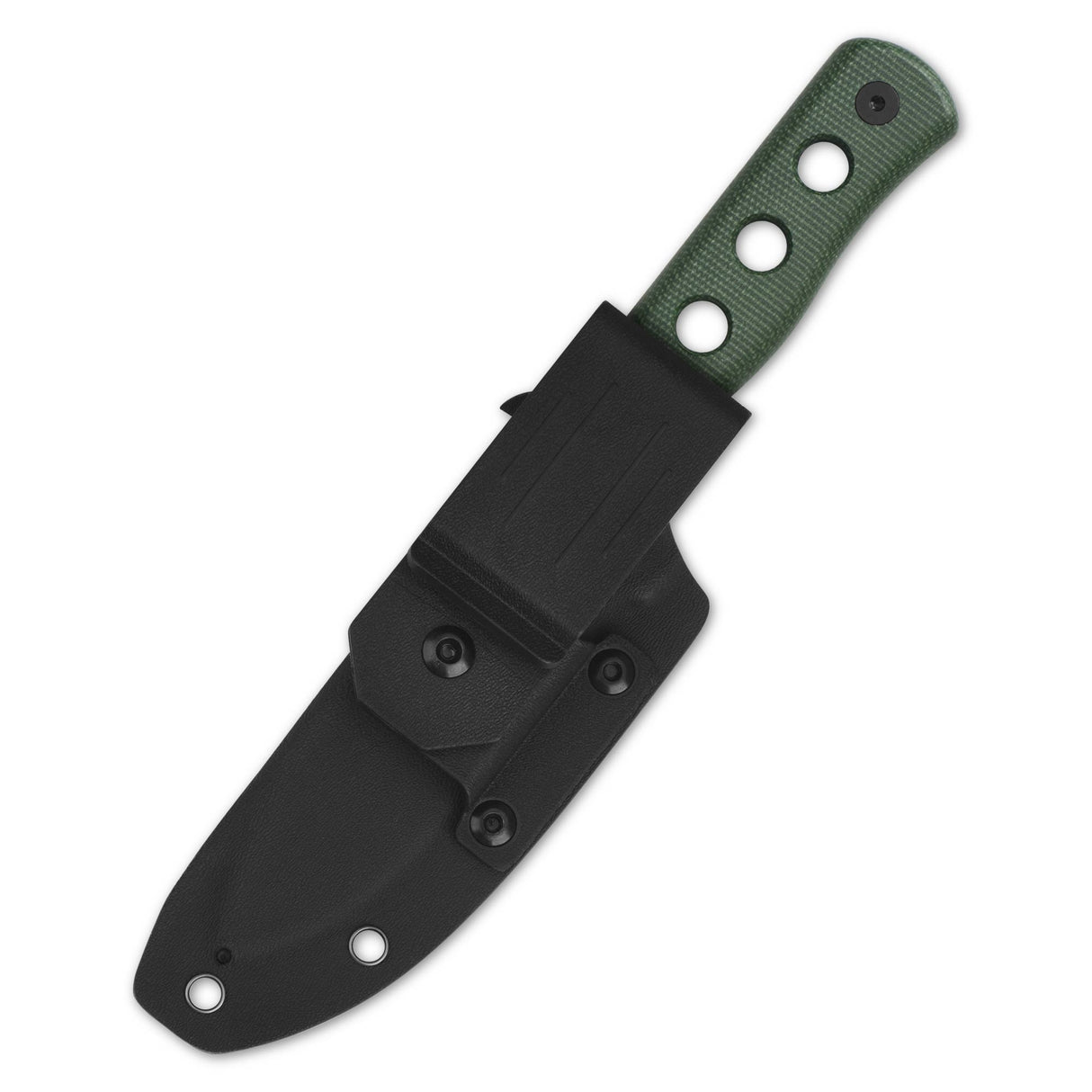 QSP Canary fixed blade knife in black sheath with green micarta handle.