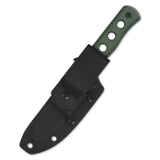 QSP Canary fixed blade knife in black sheath with green micarta handle.