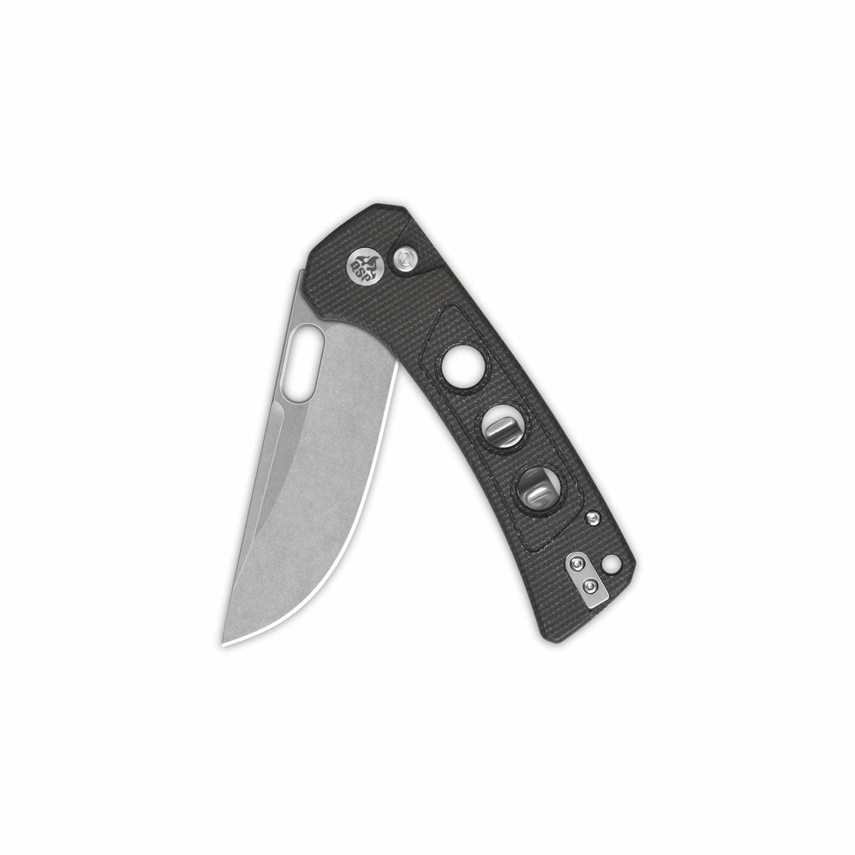 Side view of QSP Unicorn pocket knife with 14C28N blade and dark brown Micarta handle