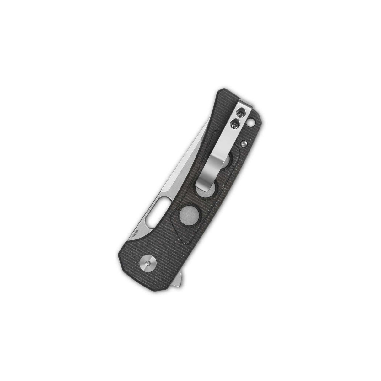 Side profile of QSP Unicorn pocket knife with Micarta handle and button lock mechanism