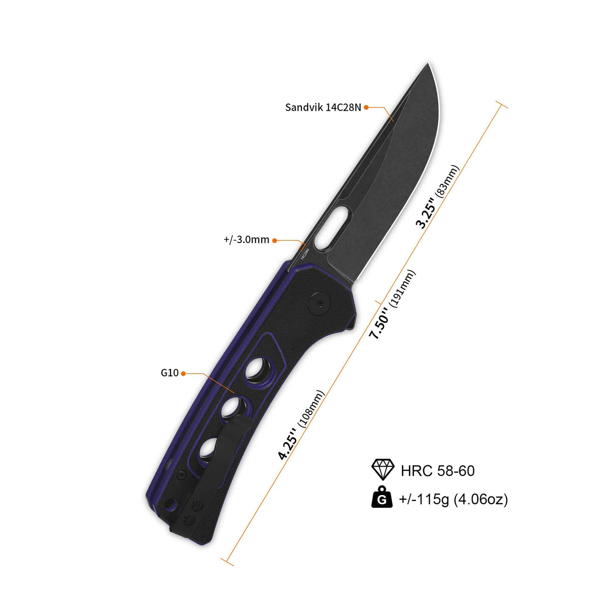 QSP Unicorn Button Lock Pocket Knife with black G10 handle and drop point blade specifications.