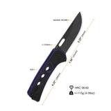 QSP Unicorn Button Lock Pocket Knife with black G10 handle and drop point blade specifications.