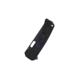 QSP Unicorn Button Lock Pocket Knife with black G10 handle and purple liner