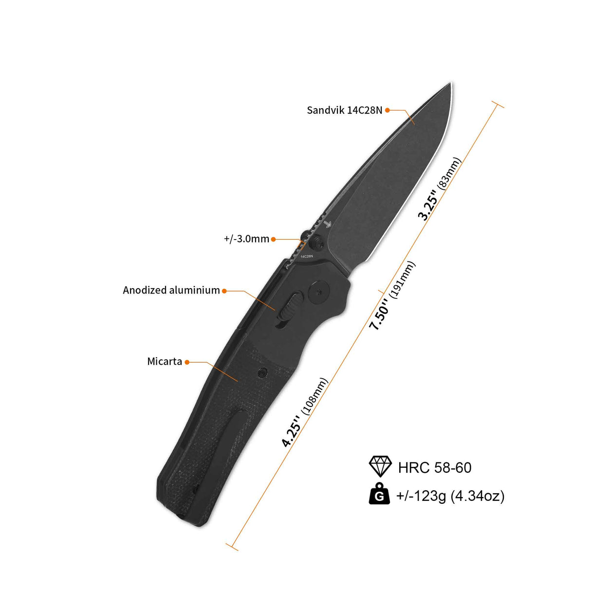 QSP Vault pocket knife with 14C28N blade, black micarta handle, dimensions labeled.