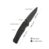 QSP Vault pocket knife with 14C28N blade, black micarta handle, dimensions labeled.