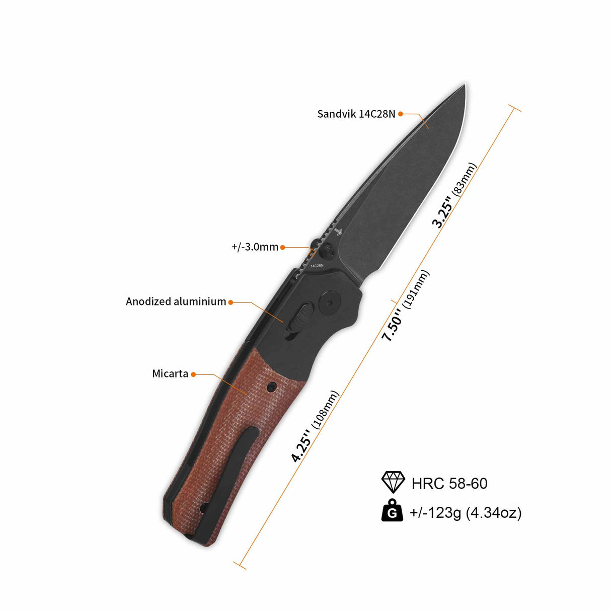 QSP Vault Glyde Lock Pocket Knife 14C28N blade, tan micarta handle, dimensions and specs