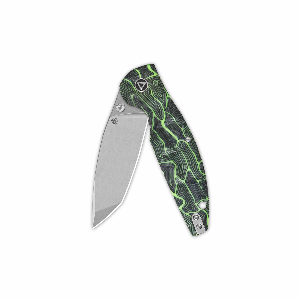QSP Turtle Punk pocket knife featuring G10 handle with green patterns and tanto blade.
