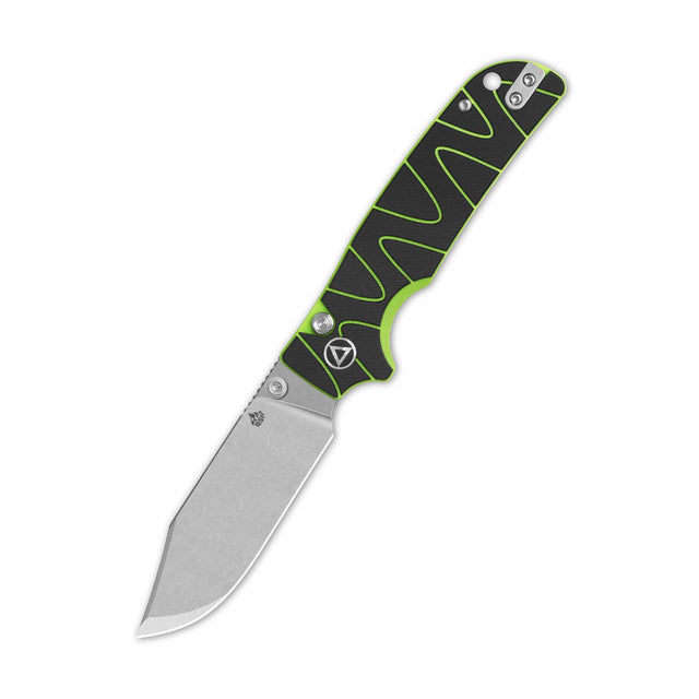 QSP Kali button lock pocket knife with black/neon G10 handle and 14C28N blade