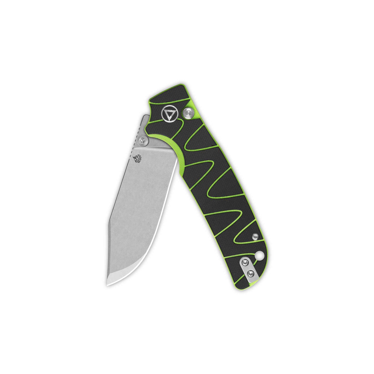 QSP Kali pocket knife with black and neon G10 handle and clip point 14C28N blade