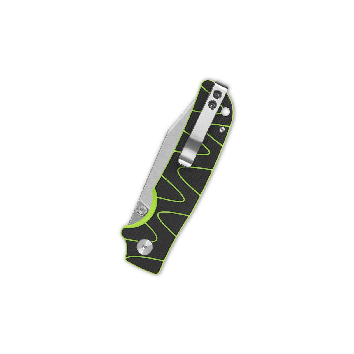 Black and neon G10 handle of QSP Kali button lock pocket knife with steel blade