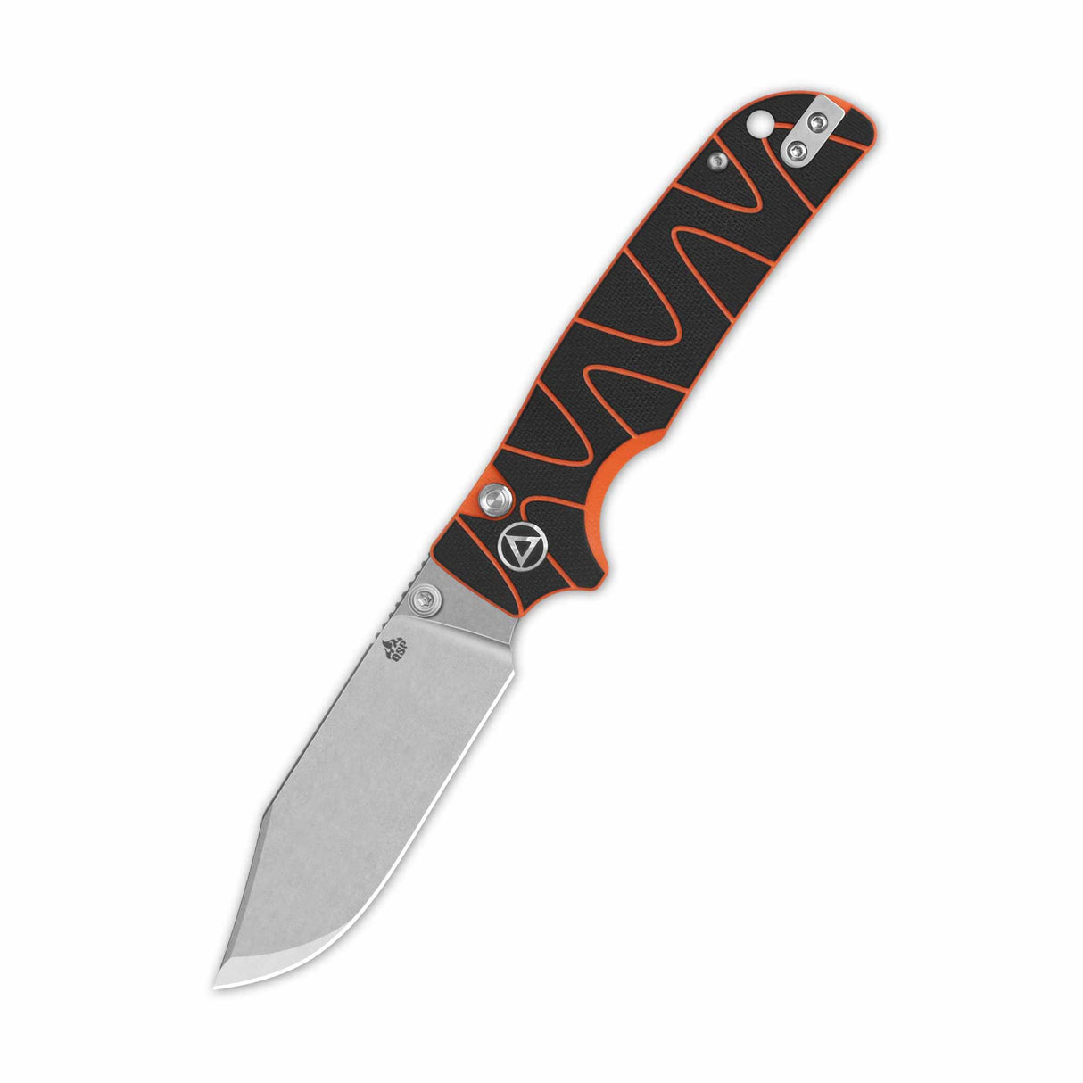 QSP Kali Button Lock Pocket Knife with black and orange handle and 14C28N blade