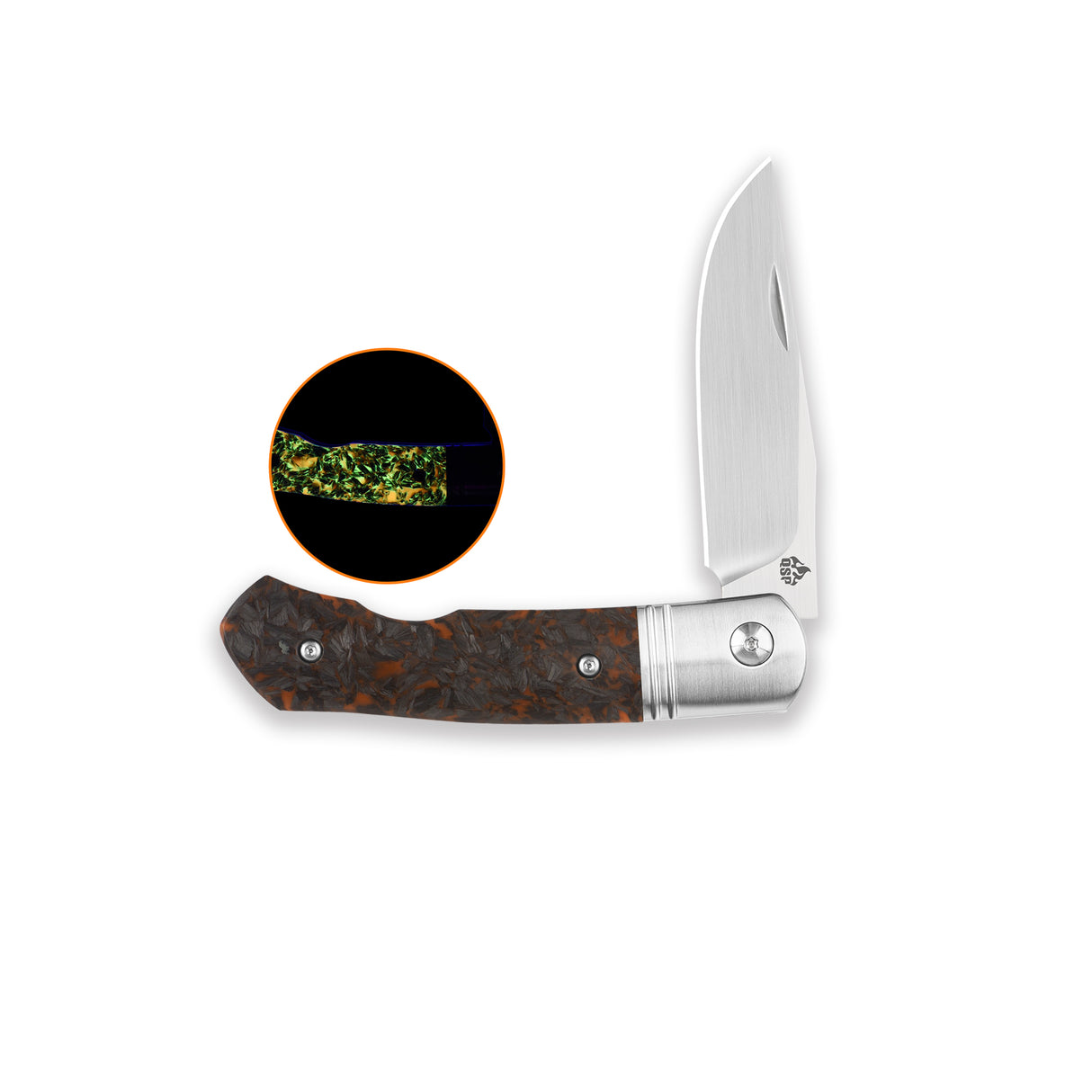 QSP Heron Slip Joint Pocket Knife Nitro V blade Glow-in-the-Dark Orange Shredded CF Handle