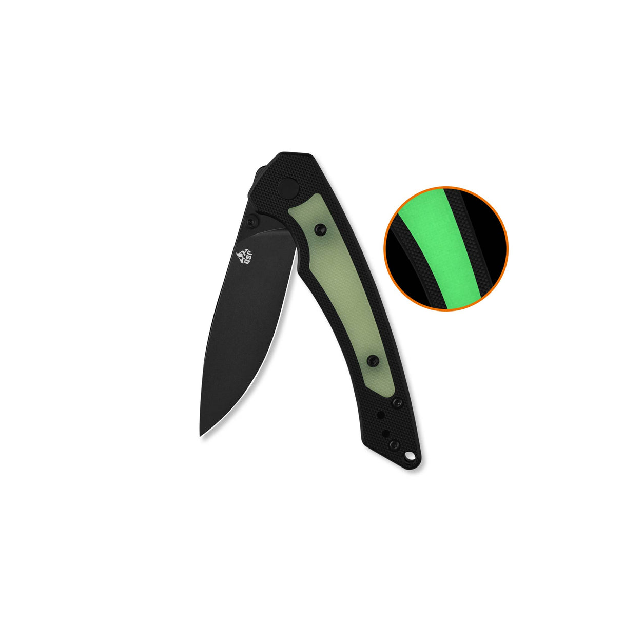 QSP Peregrine Liner Lock Pocket Knife 10Cr15MoV blade Black G10 with Glow-in-the-Dark G10 inlay handle