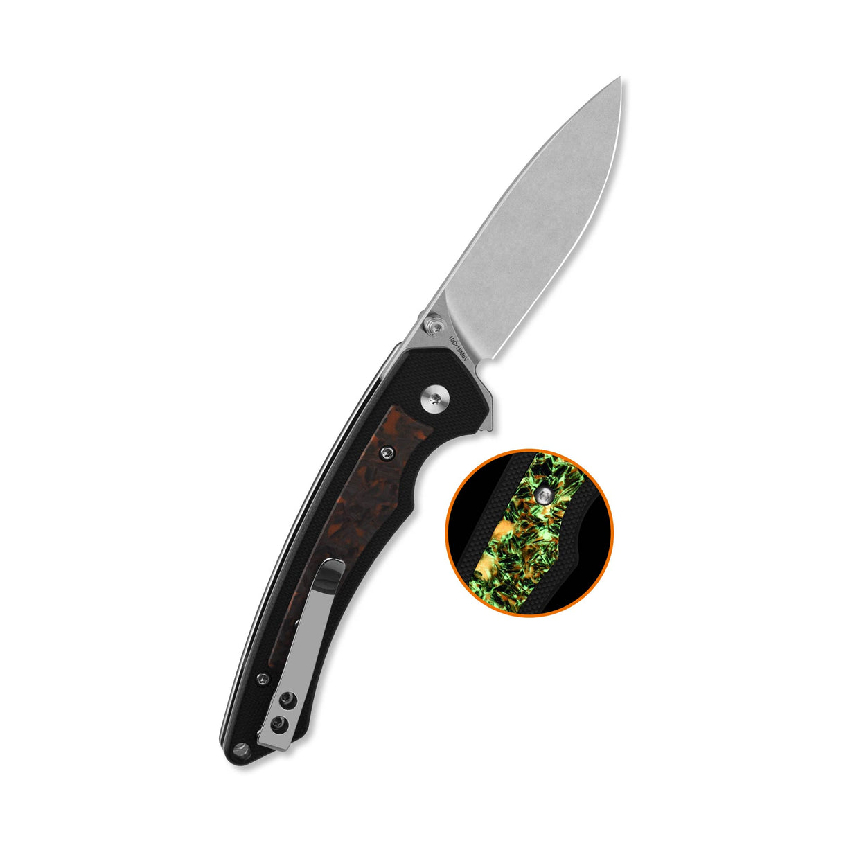 QSP Peregrine Liner Lock Pocket Knife 10Cr15MoV blade Black G10 with Glow-in-the-Dark Orange Shredded CF inlay handle