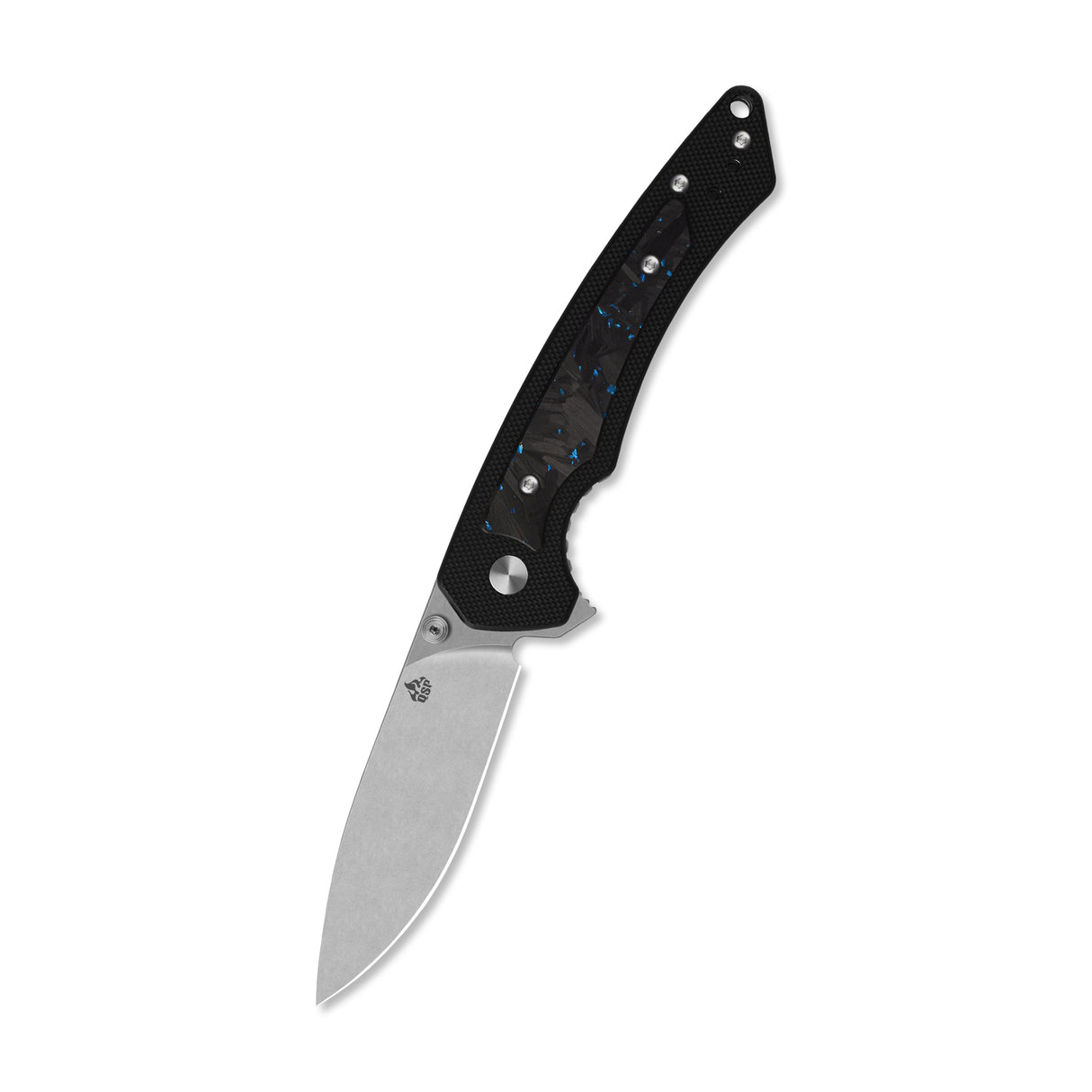 QSP Peregrine Liner Lock Pocket Knife 10Cr15MoV Blade Black G10 with Blue Shredded CF inlay handle