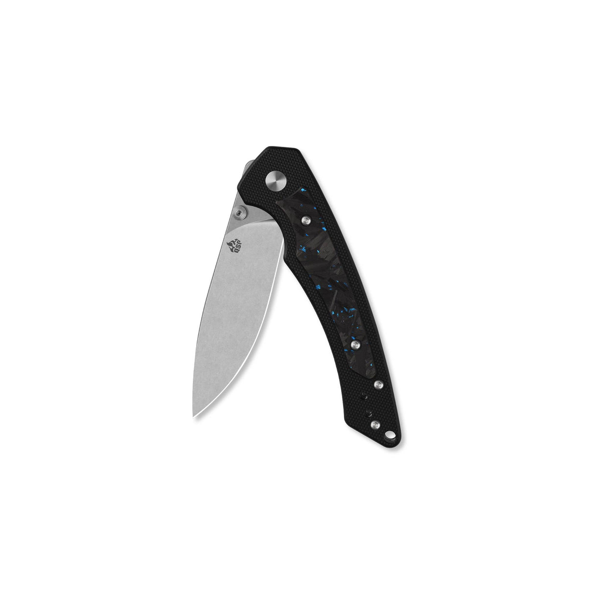 QSP Peregrine Liner Lock Pocket Knife 10Cr15MoV Blade Black G10 with Blue Shredded CF inlay handle