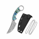 QSP Baby Viper Fixed Blade Knife Laminated Damascus Blade Abalone Handle