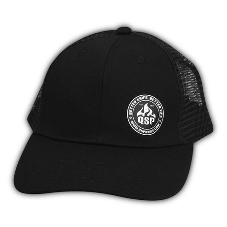 Black truck hat with QSP logo and mesh panels