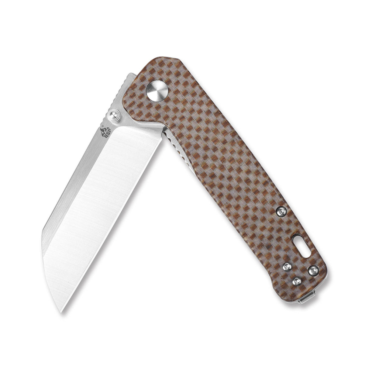 QSP Penguin pocket knife with D2 blade and patterned Micarta handle.