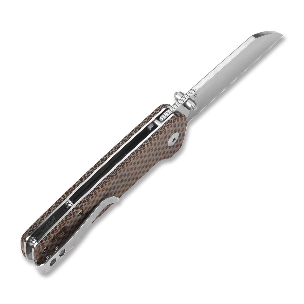 QSP Penguin Pocket Knife with sleek D2 blade and textured Micarta handle design.